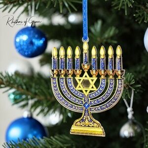 Menorah Ornament Hanukkah Tree Decor Blue Gold Jewish Holiday Gift